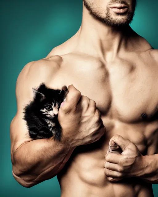 Image similar to muscular man holding a kitten in his hand, vaperwave background, color studio portrait, golden ratio, backlit, detailed eyes