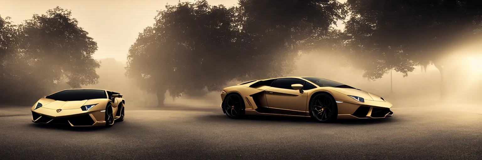 Prompt: parked lamborghini sian, fog, volumetric lighting, beautiful, golden hour, golden ratio, sharp focus, highly detailed, cgsociety