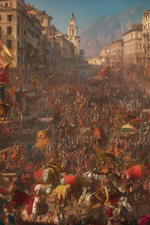 Prompt: Goethe in crowded streets, carnival Rome in 1789, matte painting, concept art, , octane render, trending on artstation, artstationHD, artstationHQ, unreal engine, 4k, 8k
