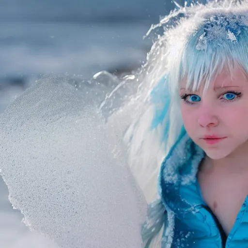 Image similar to ice dust around a frozen girl with white hair and blue eyes on the seashore