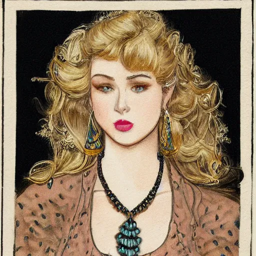 Prompt: ornate by cyril pontet flax. illustration. a beatiful portrait of a young woman, pictured from the shoulders up, wearing a pearl necklace & earrings. she has blonde hair that is styled in loose curls, & she is looking to the side with a soft expression.