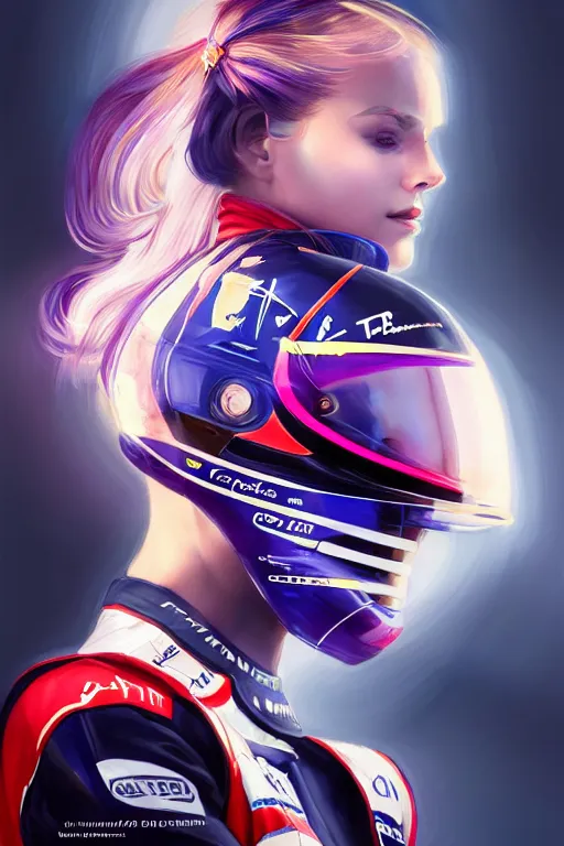 Image similar to portrait beautiful female formula one racer, wearing formula one racer uniform, formula one car as background, ssci-fi, fantasy, intricate, very very beautiful, elegant, human anatomy, neon light, highly detailed, digital painting, artstation, concept art, soft light, smooth, sharp focus, illustration, art by tian zi and WLOP and alphonse mucha