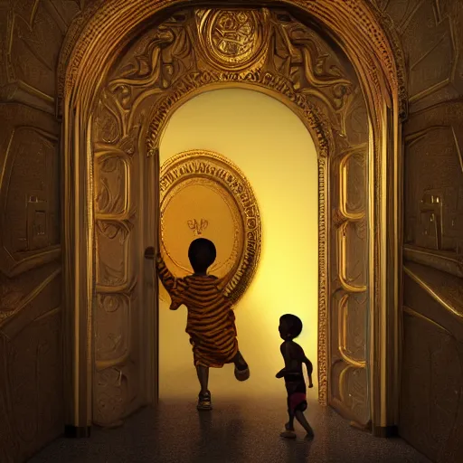 Prompt: an 8 k resolution matte painting of an african boy entering a magical, golden, very ornate door that leads to futuristic heaven, by michael whelan with cinematic, volumetric lighting