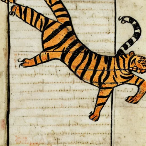 Image similar to bad drawn tiger with many legs flying in a medieval manuscript, medieval manuscript, golden miniatures