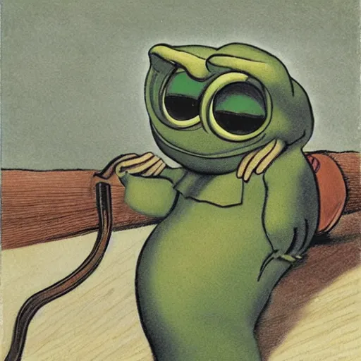 Image similar to pesta i trappen by theodor severin kittelsen, pepe the frog