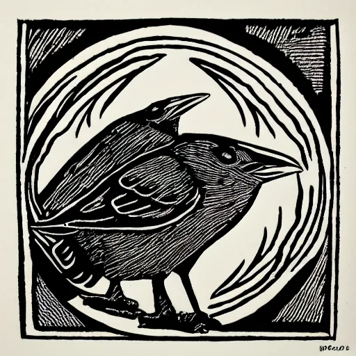 Prompt: block print bird in the style of slippery jack, black ink on white paper