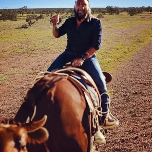 Image similar to brian houston of hillsong church as a cowboy riding a horse as he rounds up cows in the outback, high quality