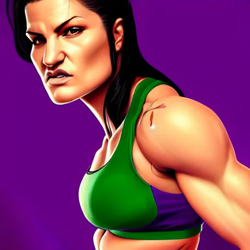 Prompt: beautiful Gina Carano skinny thin She Hulk green skin, purple sports bra, symmetrical, middle shot, portrait, highly detailed, digital painting, artstation, concept art, smooth, sharp focus, illustration