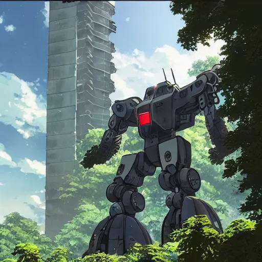 Prompt: A giant robot in city ruins overtaken by vegetation in anime style highly detailed by Makoto Shinkai and Raphael Lacoste