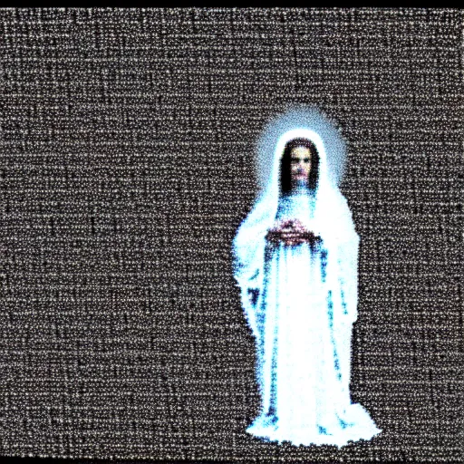 Image similar to vhs static overlay of marian apparition, vhs, 1 9 9 0, highly realistic, highly detailed, vhs noise static, black and white, vhs glitch