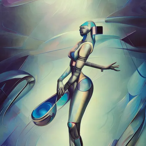 Image similar to scifi futurism automaton minimalism chrome by peter mohrbacher art Hajime Sorayama airbrush hyperrealism model abstract shatter fragments cubism futurism pastel blue soft flat minimal minimalism portrait face jackson pollock ukiyo-e lithograph mark ruthko swirl escape noise shimmer glow paint
