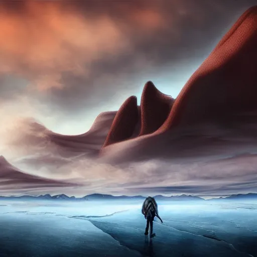 Prompt: an ice covered desert slightly visible thru enormous clouds ,concept art, illustration highly detailed artwork cinematic hyper realistic