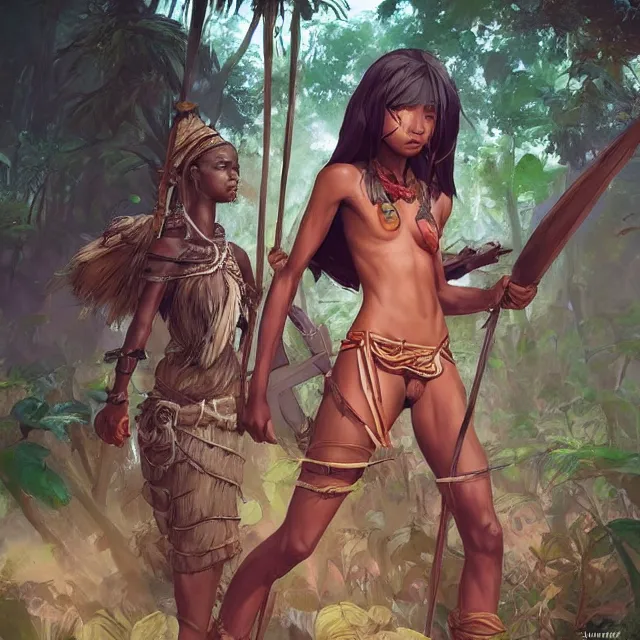 Prompt: a female tribal warrior in the jungle, african. By Makoto Shinkai, Stanley Artgerm Lau, WLOP, Rossdraws, James Jean, Andrei Riabovitchev, Marc Simonetti, krenz cushart, Sakimichan, trending on ArtStation, digital art.