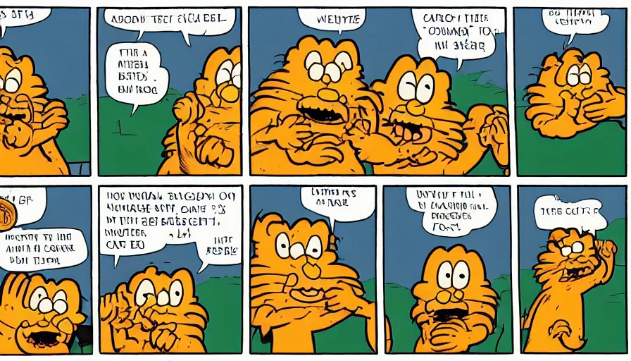 Image similar to 3 panel garfield comic by jim davis depicting charles manson slipping on a banana peel