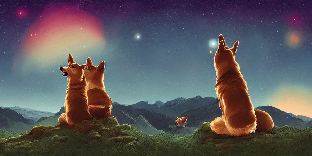 Prompt: Two corgis staring into the stars in the mountains, stars filled sky, artstation, intricate, highly detailed, digital painting, sharp focus, illustration by Michael Whelan and Simon Stalenhag