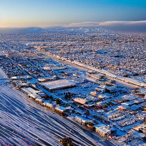 Image similar to santa monica pier covered in snow, aerial photo, sigma 2 4 mm