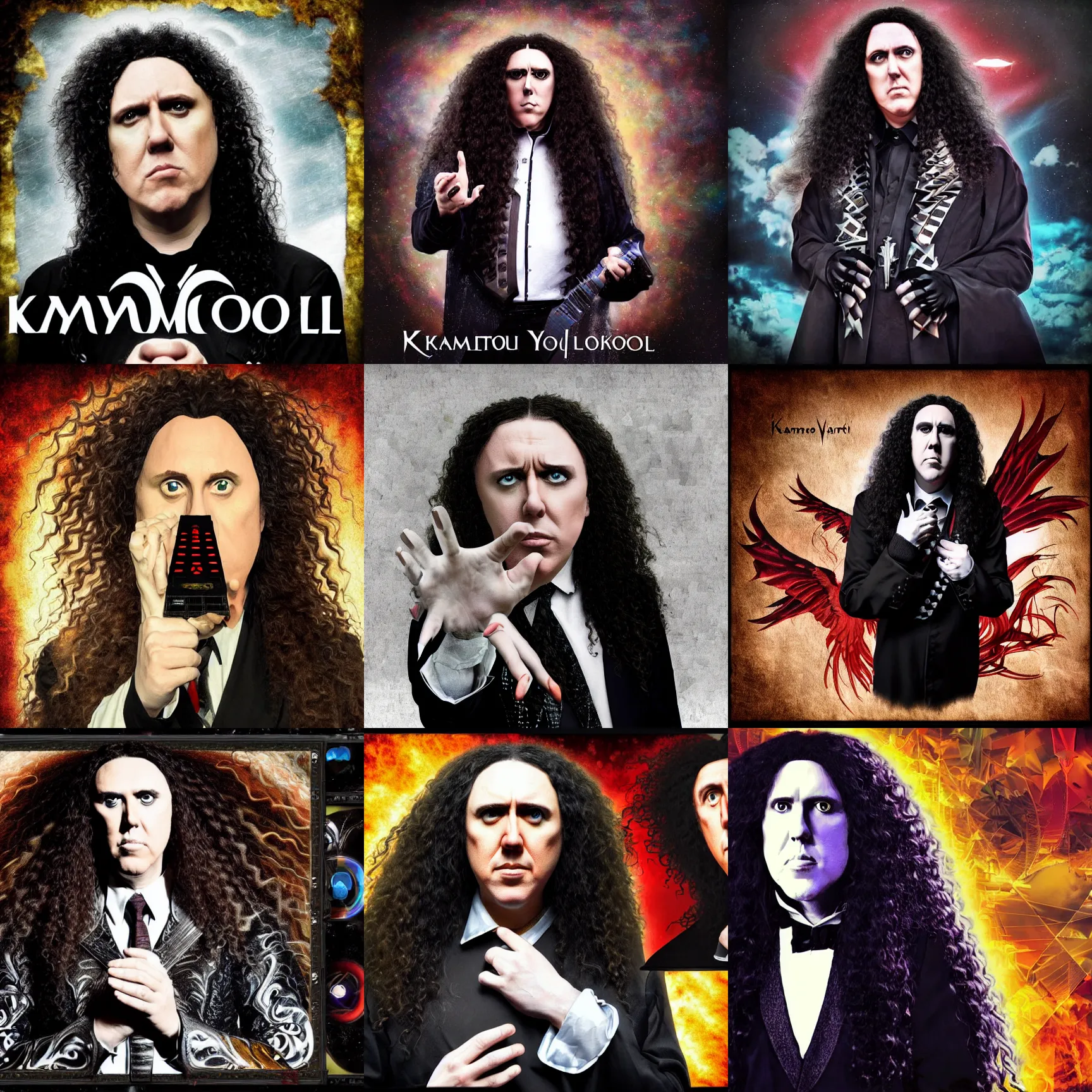 Prompt: kamelot album cover featuring photo of weird al yankovic, photo of weird al yankovic, photoshop collage, power metal album cover, trending on artstation