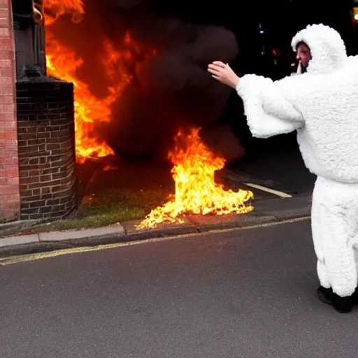 Prompt: photo of a man in a sheep costume in flames and jesus is helping him outside a british pub