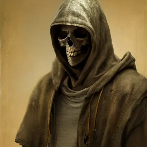 Image similar to a portrait of an hooded man with a skull face, Matte painting , detailed painting, made by Greg Rutkowski, 4k resolution, atmospheric, extremely high detail