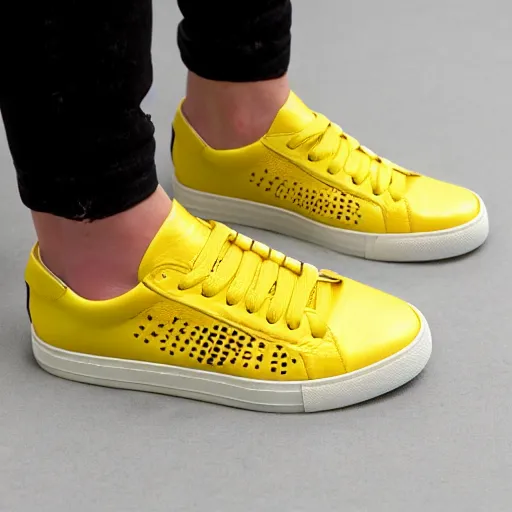 Image similar to yellow sneaker shoe full of holes that is made from Swiss cheese