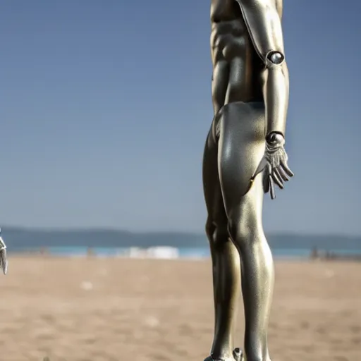 Image similar to a realistic detailed photo of a guy who is an attractive humanoid who is half robot and half humanoid, who is a male android, youtubers jake paul & logan paul, shiny skin, posing like a statue, blank stare, at the beach, on display