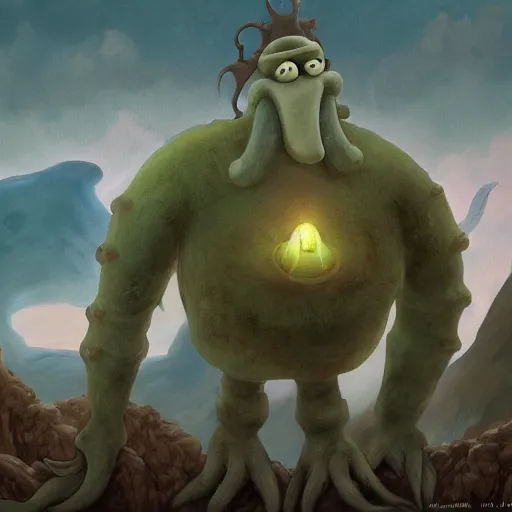 Image similar to squidward as a monster boss, matte painting