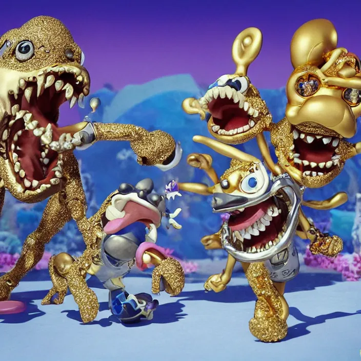 Image similar to jeff koons hip hop style street sharks wearing diamond grillz and a ton of bussdown iced gold bling in wallace & gromit claymation, ultra realistic, concept art, intricate details, serious, highly detailed, photorealistic, octane render, 8 k, unreal engine, art by todd mcfarlane and artgerm and greg rutkowski and alphonse mucha