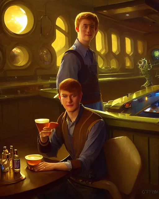 Image similar to medium - shot vislor turlough played by mark strickson at age 1 8, beautiful, at the alien space pub bar counter, highly detailed, mood lighting, artstation, highly detailed digital painting, smooth, global illumination, fantasy art by greg rutkowsky, karl spitzweg, leyendecker