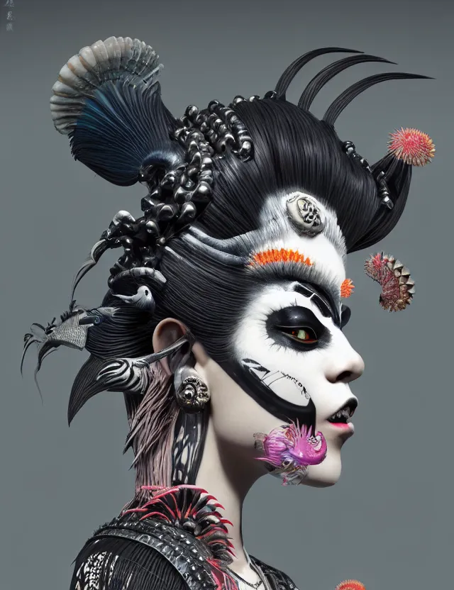 Image similar to 3 d goddess close - up profile portrait punk with mohawk with ram skull. beautiful intricately detailed japanese crow kitsune mask and clasical japanese kimono. betta fish, jellyfish phoenix, bio luminescent, plasma, ice, water, wind, creature, artwork by tooth wu and wlop and beeple and greg rutkowski