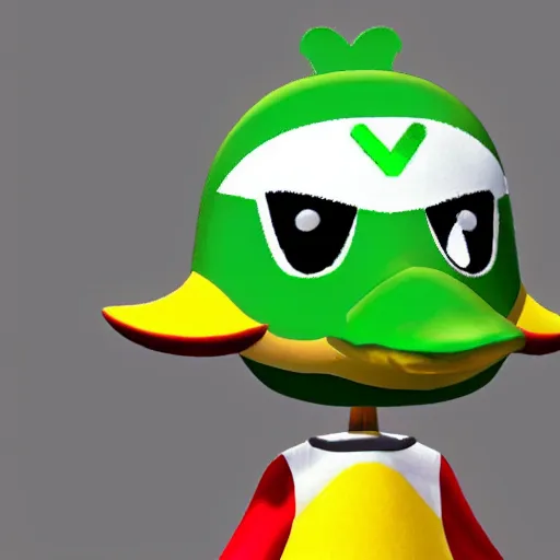 Prompt: green duck from animal crossing wearing a white helmet
