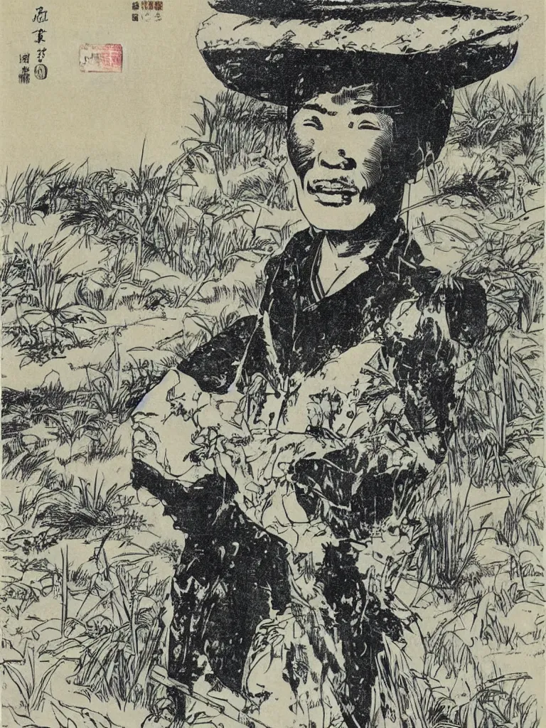 Prompt: portrait of a chinese farmer with a rice hat, marvel comic book