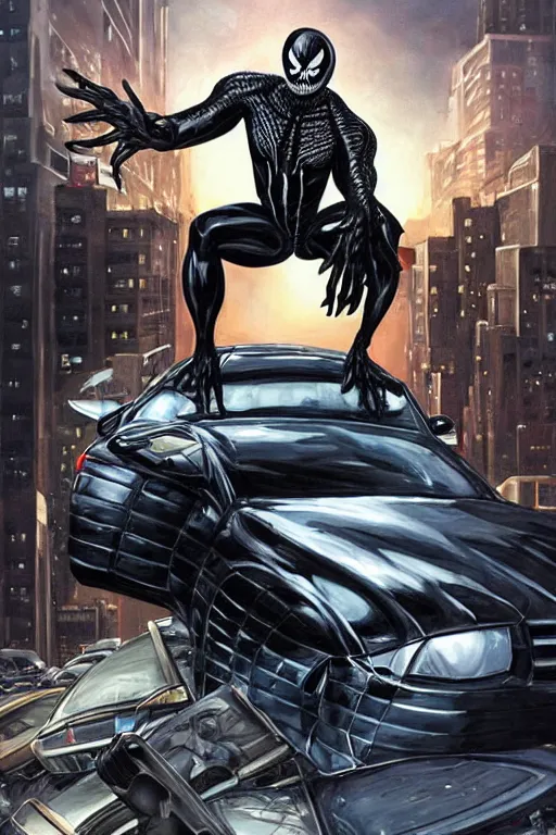 Image similar to a portrait of Venom standing on top of a wrecked car in the city art by Clayton Crain, Javier Garron and Gerardo Sandoval