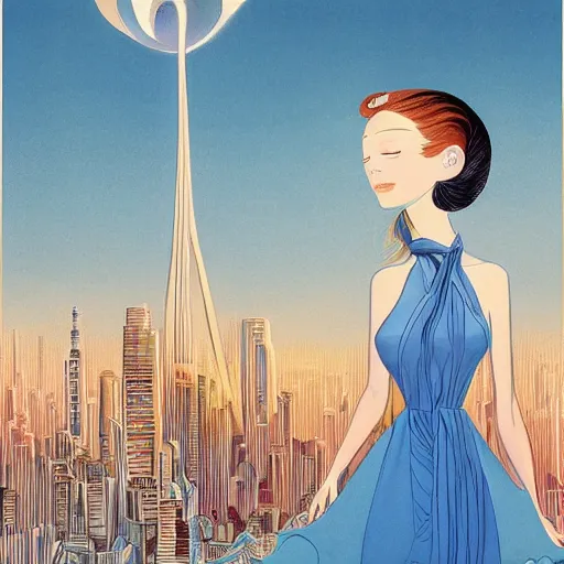 Prompt: A beautiful digital art of a young woman with big blue eyes. She has long lashes and a small mouth. Her hair is pulled back in a bun with a few stray hairs falling down. She's wearing a white dress with a blue sash and a blue scarf around her neck. In the background is a cityscape with tall buildings. by Kay Nielsen bold