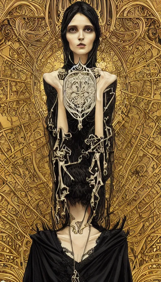 Image similar to a skeleton in a black cloak, highly detailed, very intricate, art nouveau, gold filigree, left right symmetry, tarot concept art watercolor illustration by mandy jurgens and alphonse mucha and alena aenami, featured on artstation