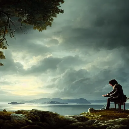 Image similar to beethoven playing piano, beautiful landscape, dramatic lighting, cinematic, establishing shot, extremly high detail, photorealistic, cinematic lighting, post processed, concept art, artstation, matte painting, style by greg rutkowsky