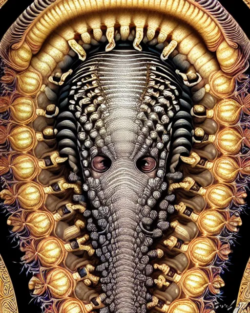 Image similar to hyperrealistic detailed face portrait of the beautiful goddess of the giant isopods with an intricate golden ornamental geometrical fractal giant isopod masked headdress, art by ernst haeckel, john william godward, android jones, h. r. giger, gothic - cyberpunk, ornamental, dimmed pastel colours,