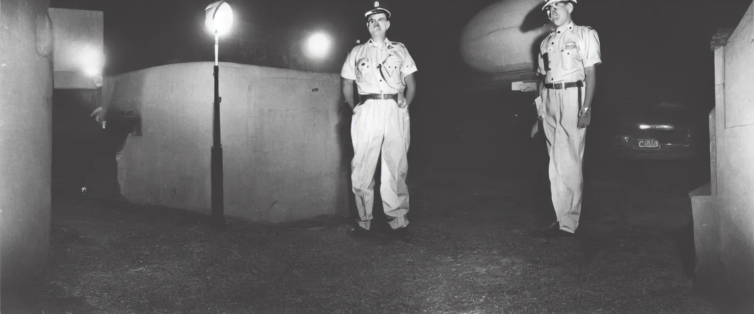 Image similar to weegee style telephoto photograph highly detailed of a a uniformed policeman circa 1 9 5 0 standing over a white body bag at night lit by street lamps and headlights.