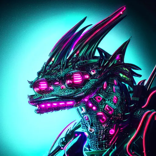 Image similar to handsome cybernetic dragon in a cyberpunk night club, portrait bokeh, neon club lighting, digital art, 4K UHD