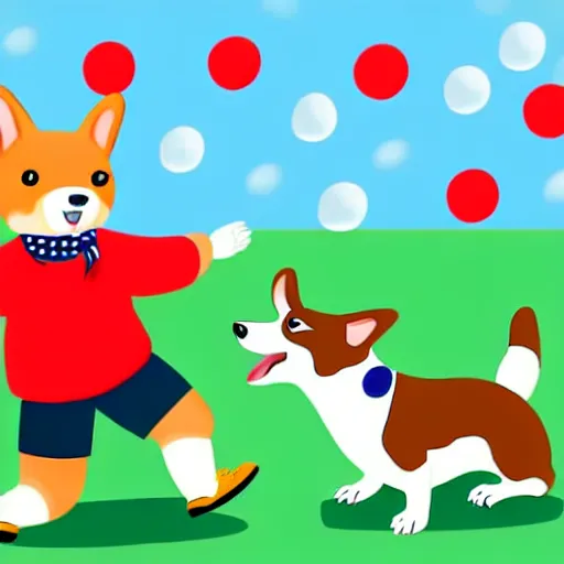 Image similar to illustration of french boy in paris playing football against a corgi who is wearing a polka dot scarf