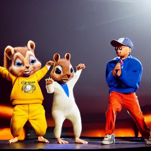 Image similar to kendrick lamar brings alvin and the chipmunks on stage to rap with him