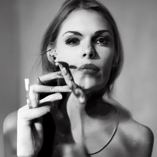 Image similar to Live Action Still of Jerma985 in a film of a beautiful model woman smoking a cigarette by the window, black and white, hyperrealistic, ultra realistic, realistic, highly detailed, epic, HD quality, 8k resolution, body and headshot, film still