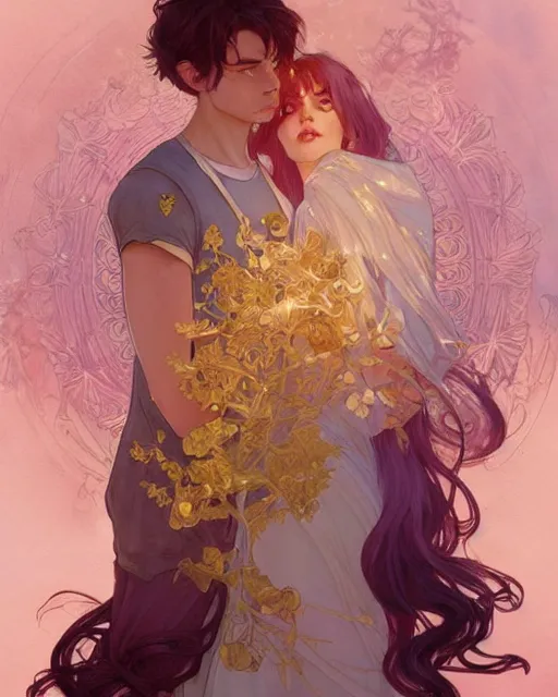 Prompt: secret romance, highly detailed,, gold filigree, romantic storybook fantasy, soft cinematic lighting, award, disney concept art watercolor illustration by mandy jurgens and alphonse mucha and alena aenami, pastel color palette, featured on artstation