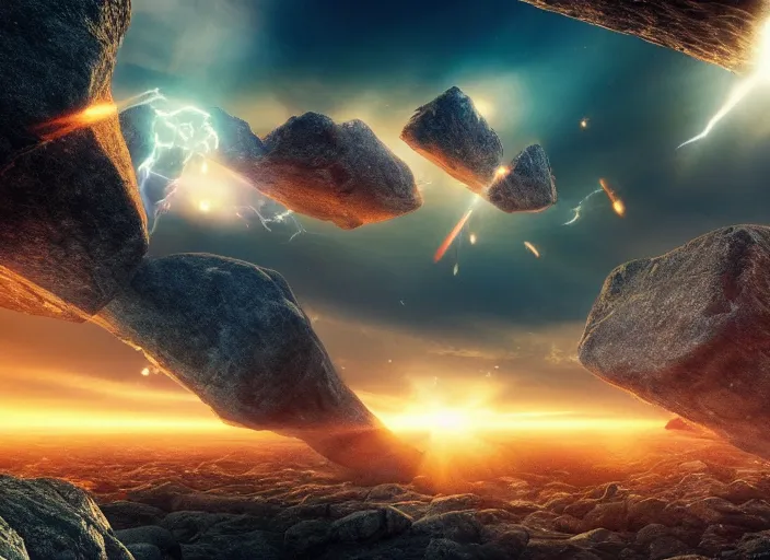 Image similar to giant interdimensional rock creatures fall from the sky, a vast landscape, awe inspiring, wide angle, cinematographic photo, subtle lens flare