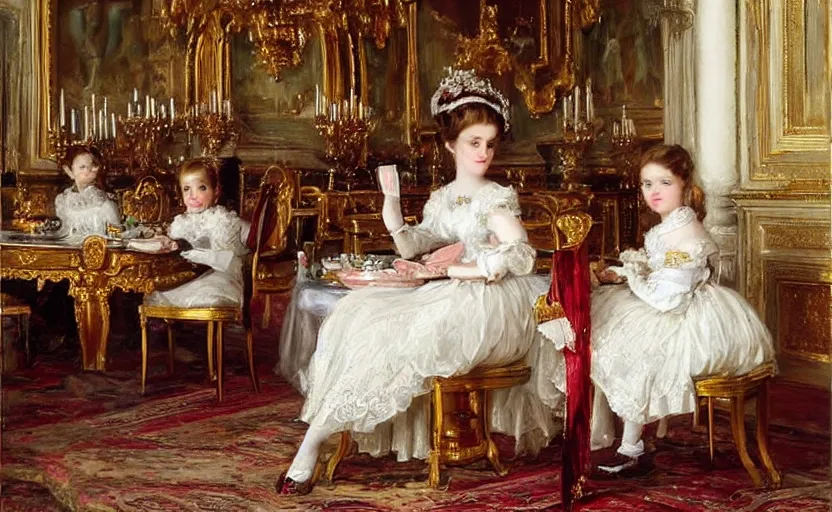 Image similar to Young victorian princess drinking tea on the royal palace dining room. By Konstantin Razumov, highly detailded