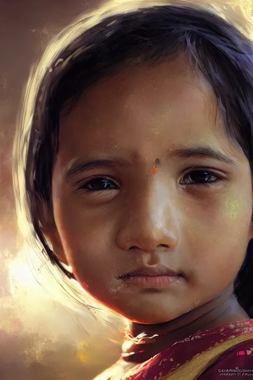 Image similar to hindu little girl, joyful, close - up portrait, intricate, elegant, volumetric lighting, scenery, digital painting, highly detailed, artstation, sharp focus, illustration, concept art, ruan jia, steve mccurry