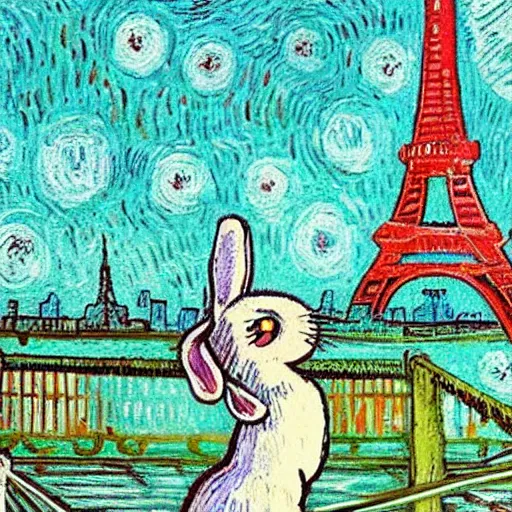 Image similar to a rabbit drinking milk in a paris cafe, eiffel tower visible in the background, in the style of van gogh