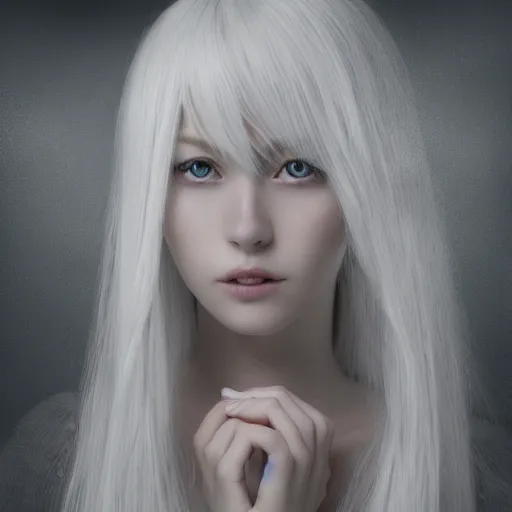 Prompt: stunningly beautiful anime goddess, porcelain skin, long white hair, symmetrical, overwhelming, innocent, etheral, 8 k