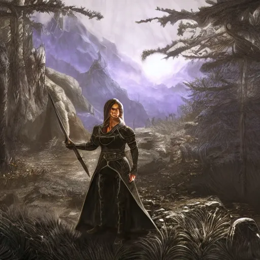 Image similar to The Elder Scrolls 6, Female Mage conjuring a spell, realistic, ultra detailed, menacing, powerful, dark, shallow focus, forest, mountains in the background concept art design as if designed by Wētā Workshop