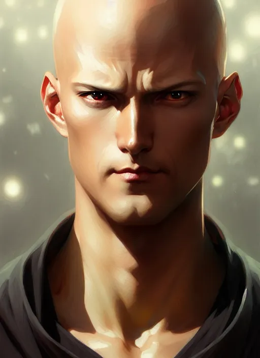 Image similar to ultra realistic illustration, handsome saitama. cape, intricate, elegant, highly detailed, digital painting, artstation, concept art, smooth, sharp focus, illustration, art by artgerm and greg rutkowski and alphonse mucha and wlop