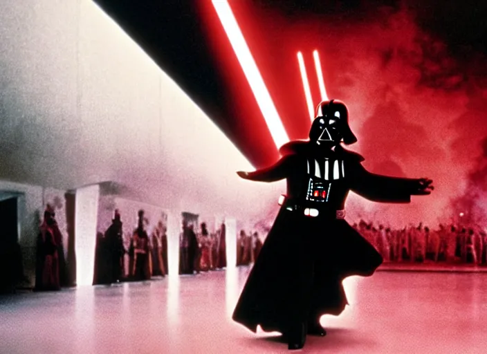 Prompt: film still of Darth Vader posing just like John Travolta on the cover of Saturday Night Fever, 4k